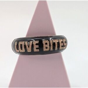 VTG Betsey Johnson Love Bites Hinged Bangle Black Enamel Pink Rhinestone READ